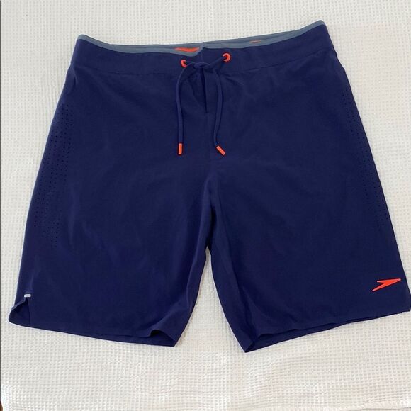 NWOT Speedo Navy Swim Shorts with Orange Accents - Picture 1 of 6